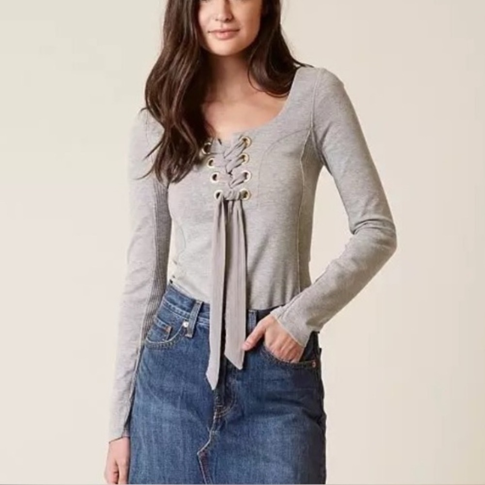 Free People Light Gray Lace-Up Long Sleeve Top